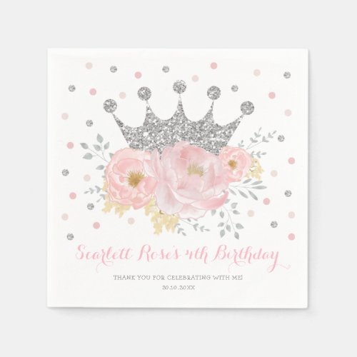 Silver Crown Blush Pink Floral Princess Birthday Napkins