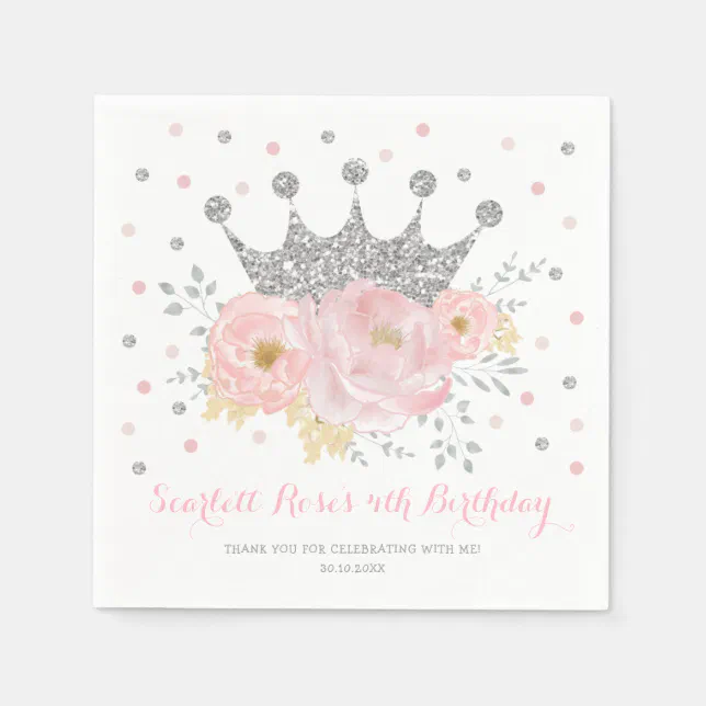 Silver Crown Blush Pink Floral Princess Birthday Napkins | Zazzle