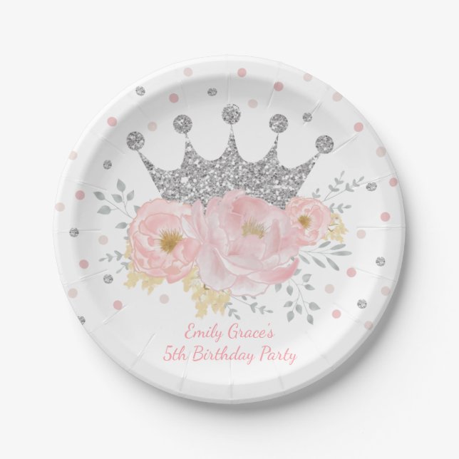 Silver Crown Blush Pink Floral Royal Princess Paper Plates (Front)