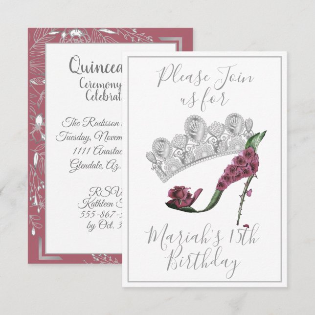 Silver Crown, Floral Fairy High Heel Shoe Invitation (Front/Back)