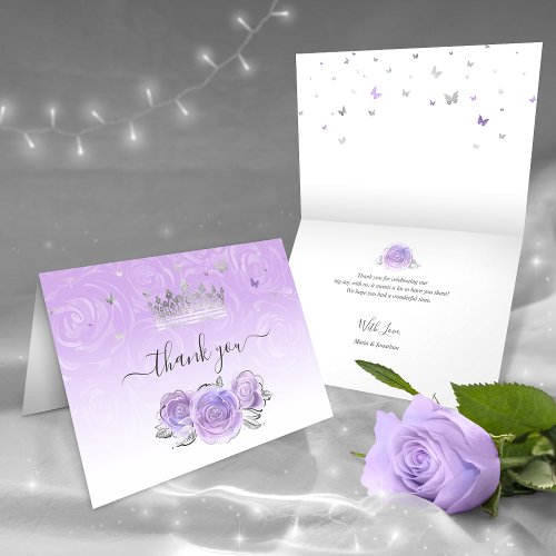 Silver Crown Light Purple Rose Elegant Folded Thank You Card