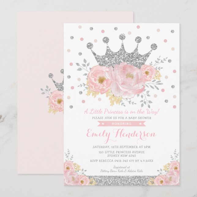 Silver Crown Princess Blush Floral Baby Shower Inv Invitation (Front/Back)