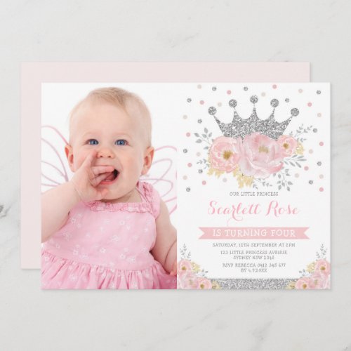 Silver Crown Princess Blush Floral Birthday Photo Invitation