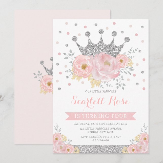 Silver Crown Princess Blush Pink Floral Birthday Invitation (Front/Back)