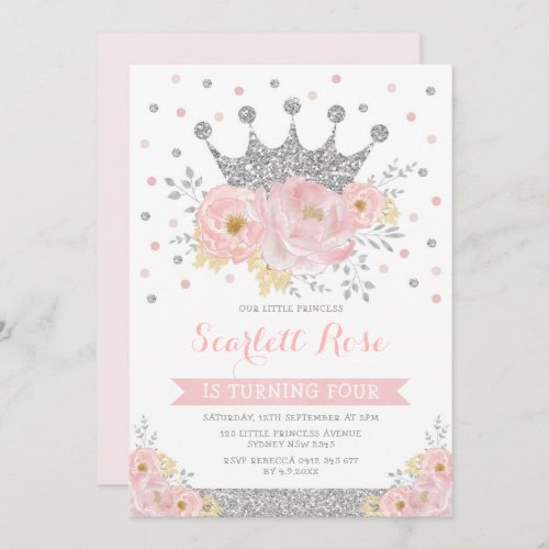 Silver Crown Princess Blush Pink Floral Birthday Invitation