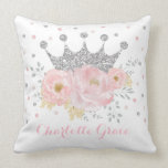Silver Crown Royal Princess Blush Pink Floral Baby Throw Pillow<br><div class="desc">Feminine princess themed cushion for your little girl. Use the template field to add your child's name. Please click the "Customize Further" button to re-arrange elements if required.</div>