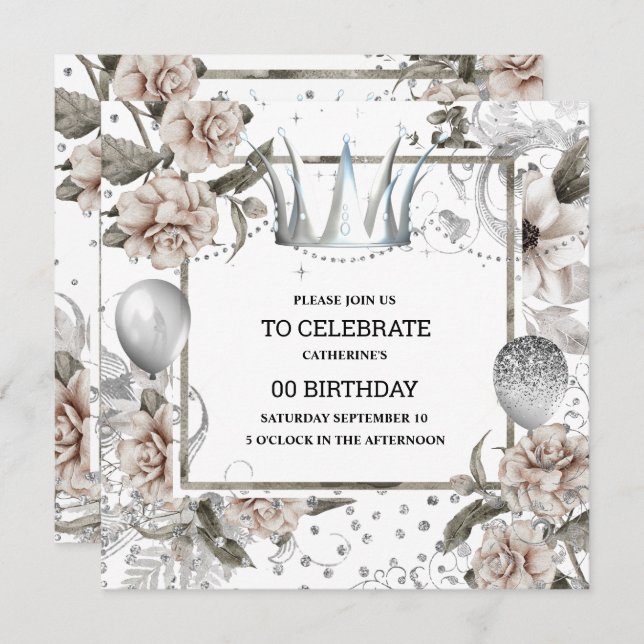 Silver crown shabby chic floral glitter glam invitation (Front/Back)