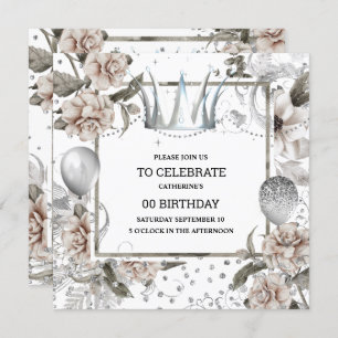 Silver crown shabby chic floral glitter glam invitation