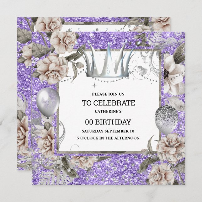 Silver crown shabby chic floral glitter purple invitation (Front/Back)