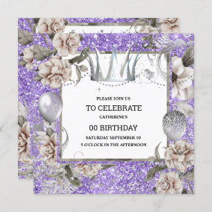 Silver crown shabby chic floral glitter purple invitation