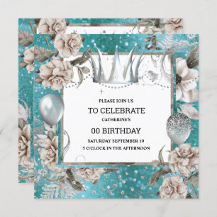 Silver crown shabby chic floral glitter turquoise invitation