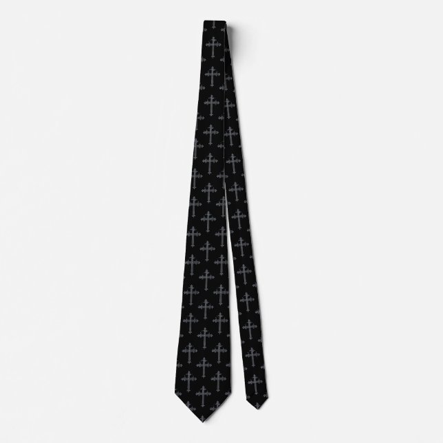 Silver Crucifixes on Black Neck Tie (Front)