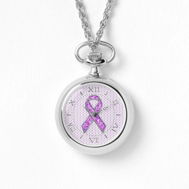 Silver Crystal Pink Ribbon Awareness Knit Dial Watch (Front)