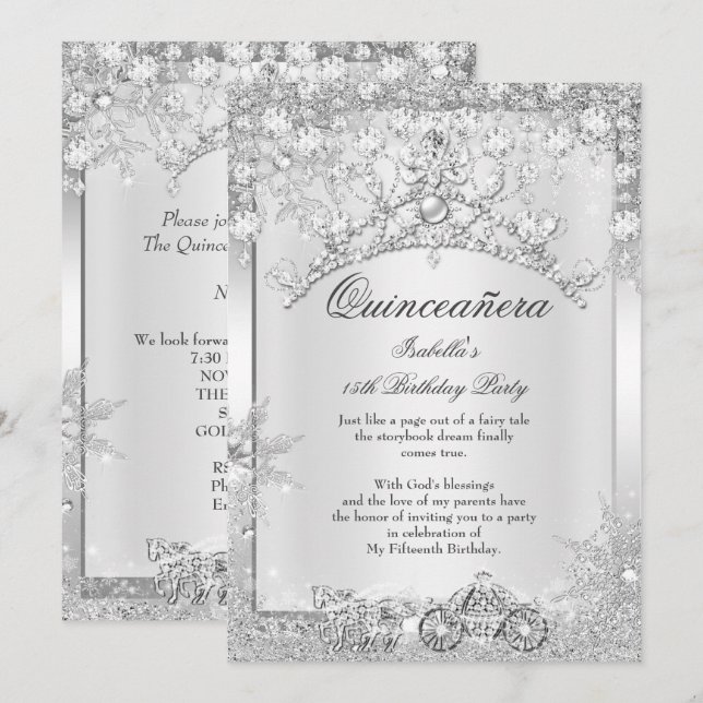 Silver Crystal Quinceanera 15th Winter Carriage Invitation (Front/Back)