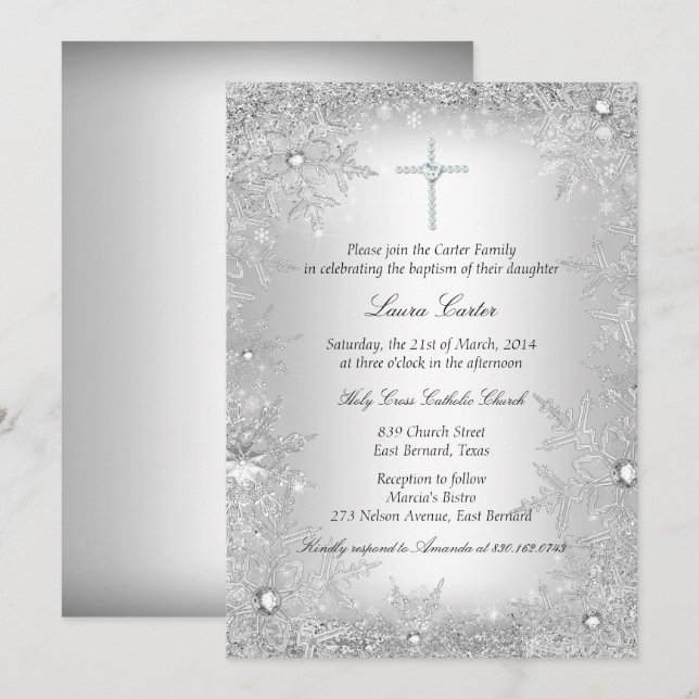 Silver Crystal Snowflake Baptism/Christening Invitation (Front/Back)