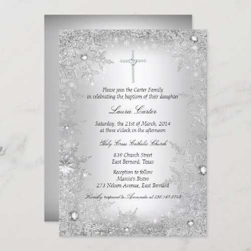 Silver Crystal Snowflake BaptismChristening Invitation