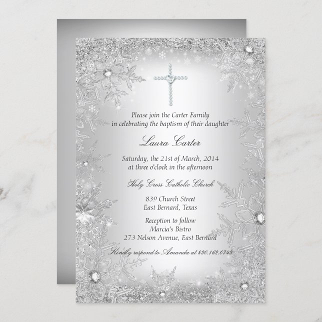 Silver Crystal Snowflake Baptism/Christening Invitation (Front/Back)