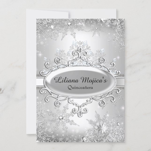 Silver Crystal Snowflake Princess Quinceanera Invitation (Front)