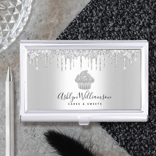 Silver Cupcake Glitter Drips Bakery Pastry Chef Business Card Case