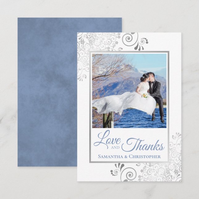Silver Curls Blue on White Love & Thanks Wedding Thank You Card (Front/Back)
