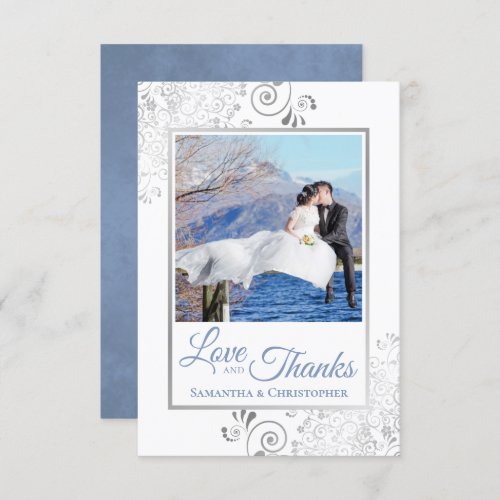 Silver Curls Blue on White Love  Thanks Wedding Thank You Card