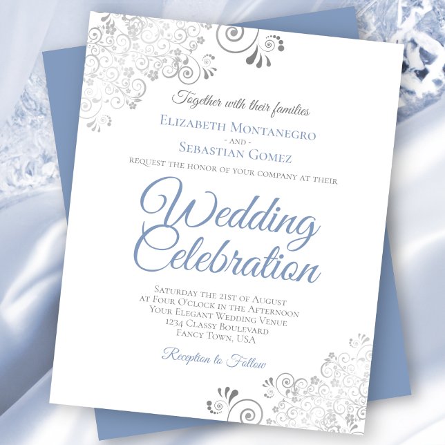 Silver Curls Blue & White BUDGET Wedding Invite (Creator Uploaded)