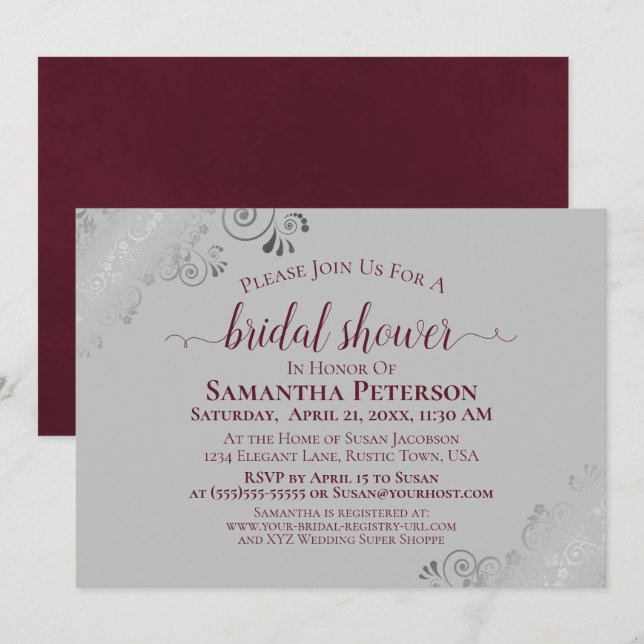 Silver Curls Burgundy & Gray Elegant Bridal Shower Invitation (Front/Back)