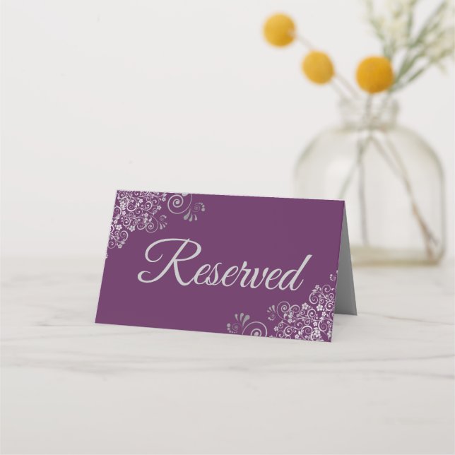 Silver Curls Elegant Plum Purple Wedding Reserved Place Card (Back)