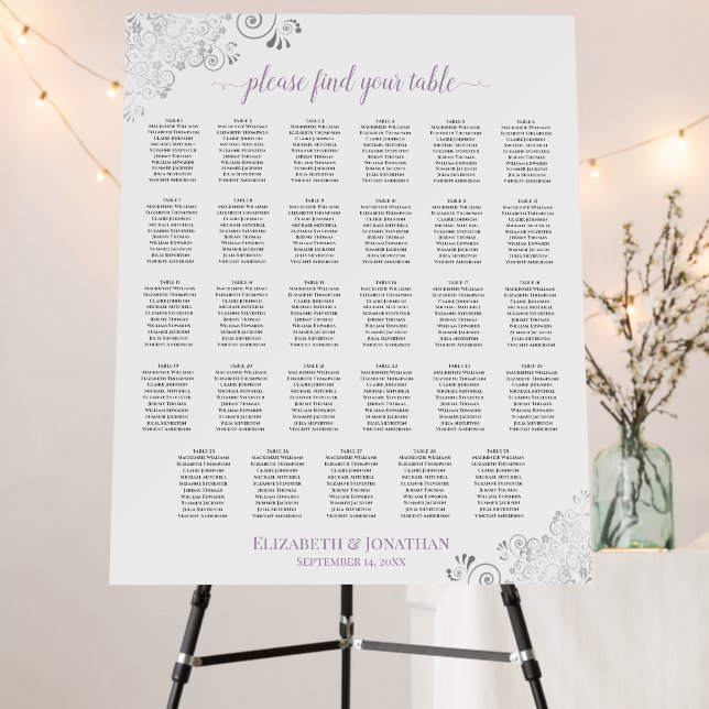 Silver Curls Lavender 29 Table White Seating Chart Foam Board (In Situ (Stand))