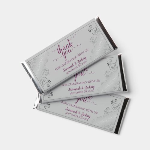 Silver Curls Magenta  Gray Wedding Thank You Hershey Bar Favors