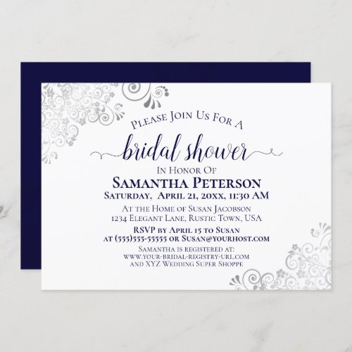 Silver Curls Navy Blue Elegant White Bridal Shower Invitation
