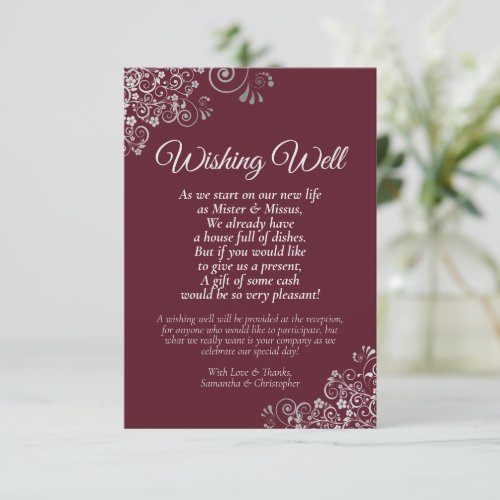 Silver Curls on Burgundy Wedding Wishing Well Poem Enclosure Card