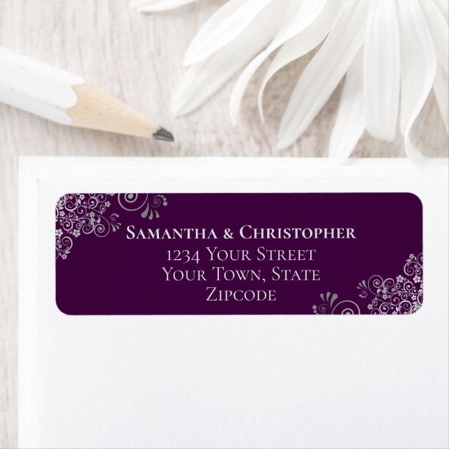 Silver Curls on Plum Purple Wedding Return Address Label (Insitu)