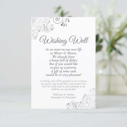 Silver Curls on White Wedding Wishing Well Poem Enclosure Card