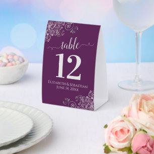 Silver Curls Plum Purple Wedding Table Number Paper Table Tent