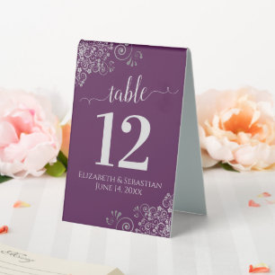 Silver Curls Plum Purple Wedding Table Number Table Tent