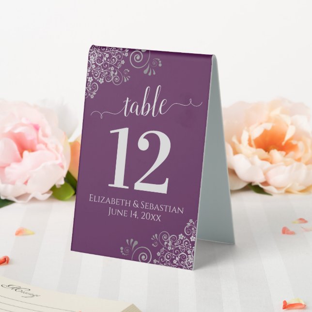 Silver Curls Plum Purple Wedding Table Number Table Tent (In SItu (Wedding))