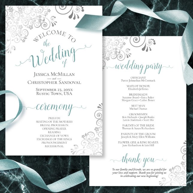 Silver Curls Teal on White Budget Wedding Program (Creator Uploaded)