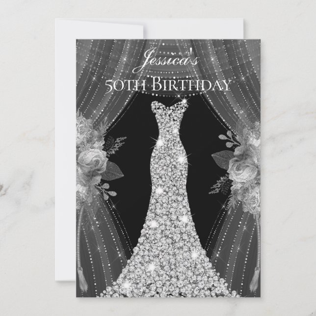 Silver Curtains Dress Womans 50th Birthday Party Invitation (Front)