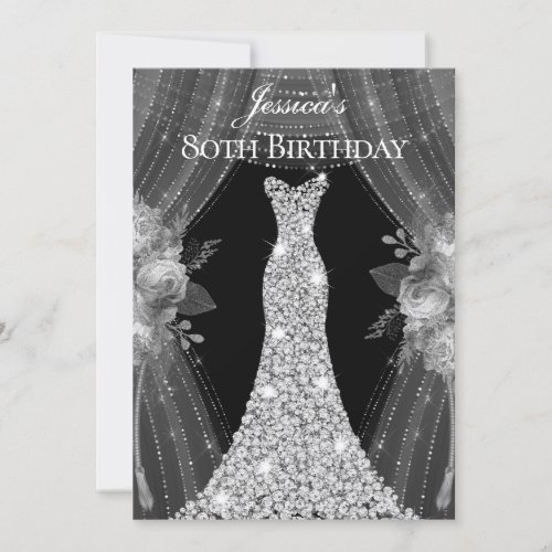 Silver Curtains Dress Womans 80th Birthday Party Invitation