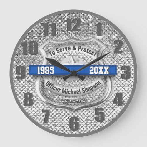 Silver Custom Blue Line Police Officer Retirement Large Clock