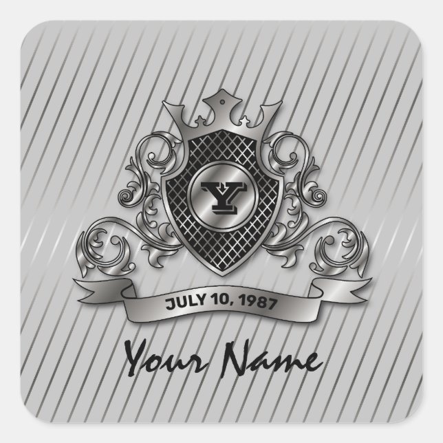 Silver Custom Elegant Monogram Design Square Sticker (Front)