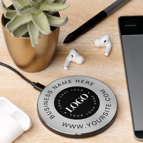 Silver Custom Logo Text Company Business Branded   Wireless Charger