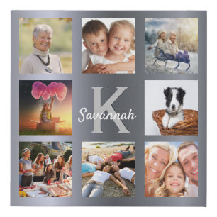 Silver custom photo collage monogram name faux canvas print