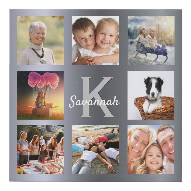 Silver custom photo collage monogram name faux canvas print (Front)