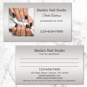 Silver Custom Photo Nail Studio Appointment Business Card by sunnysites at Zazzle