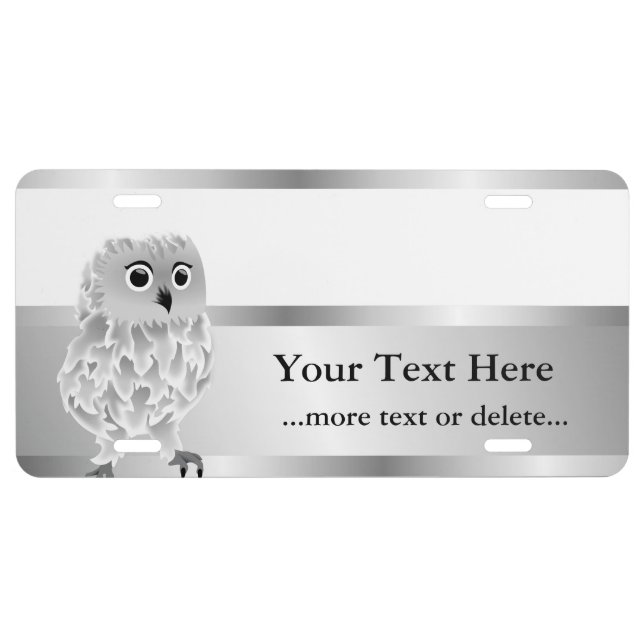 Silver Cute Owl Personalize License Plate (Front)