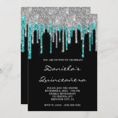 Silver Cyan Glitter Drips Black Quinceañera Invitation (Front/Back)