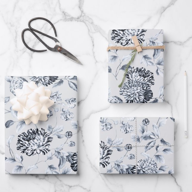 Silver Dahlias Floral Vine On Pearl Gray Wrapping Paper Sheets (Front)