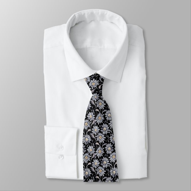 Silver Daisies on Black Designer Neck Tie (Tied)